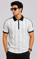 Contrast Textured AOP Zip Polo