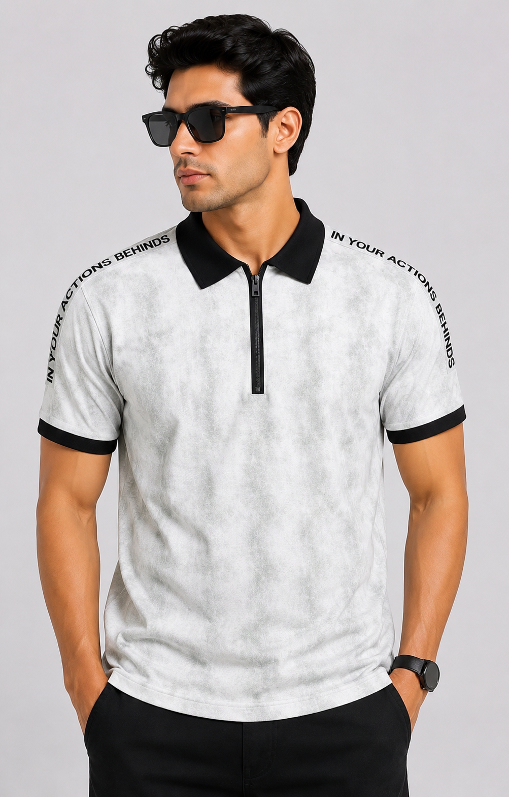 Contrast Textured AOP Zip Polo