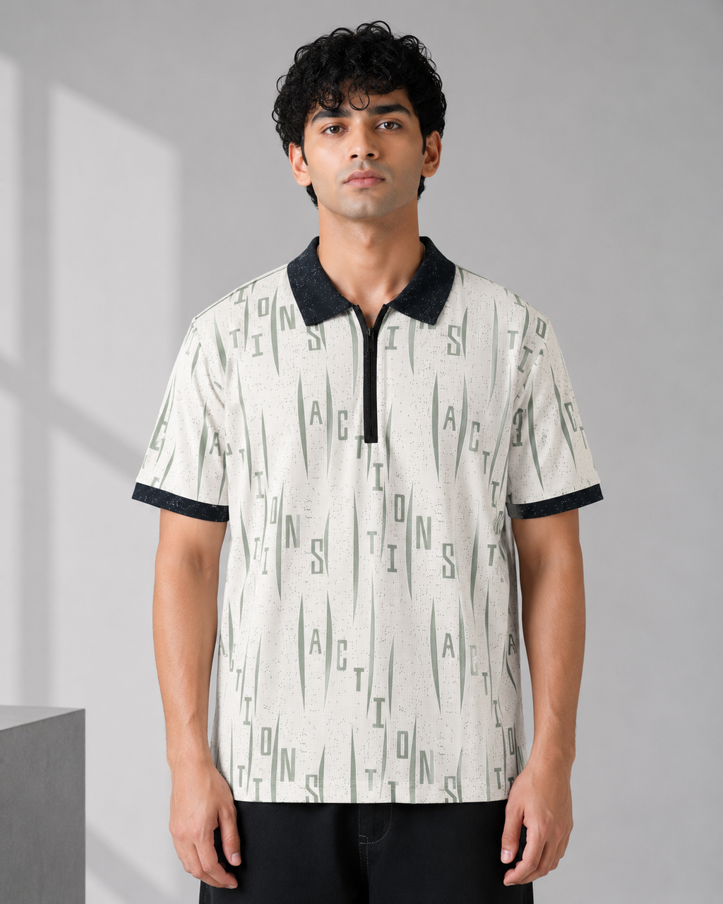 Contrast Textured AOP Zip-Polo