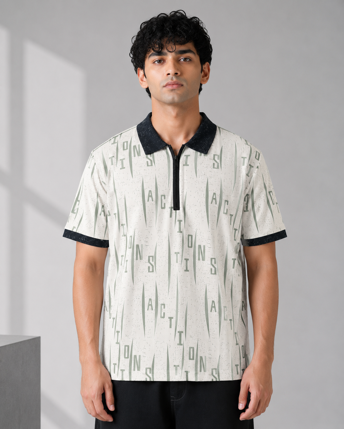 Contrast Textured AOP Zip-Polo