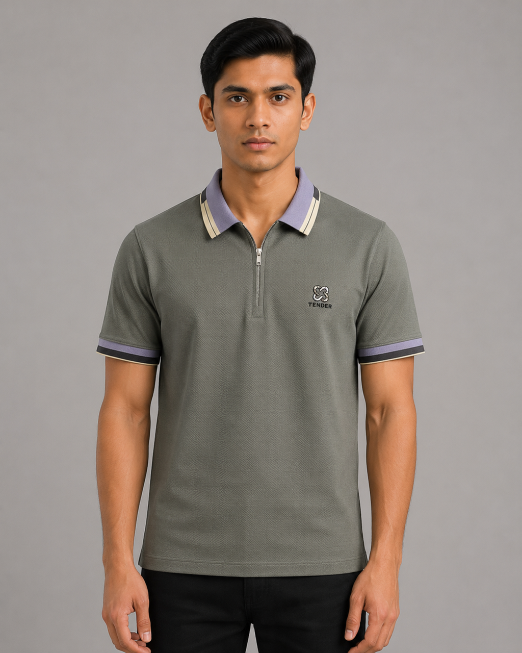 Contrast Tipped Zip-Neck Polo