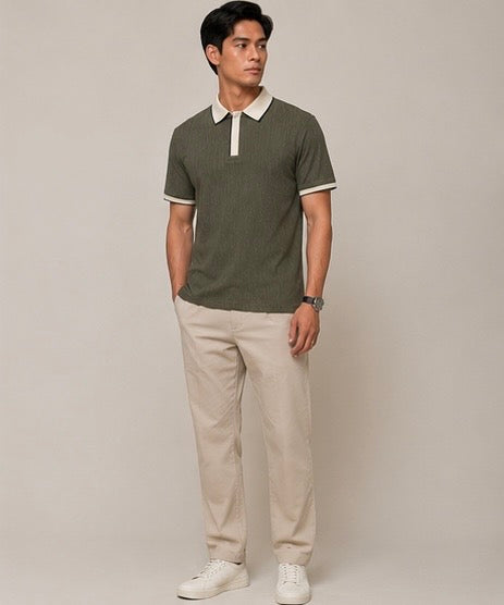 Olive Contrast Collar with Placket Textured Polo