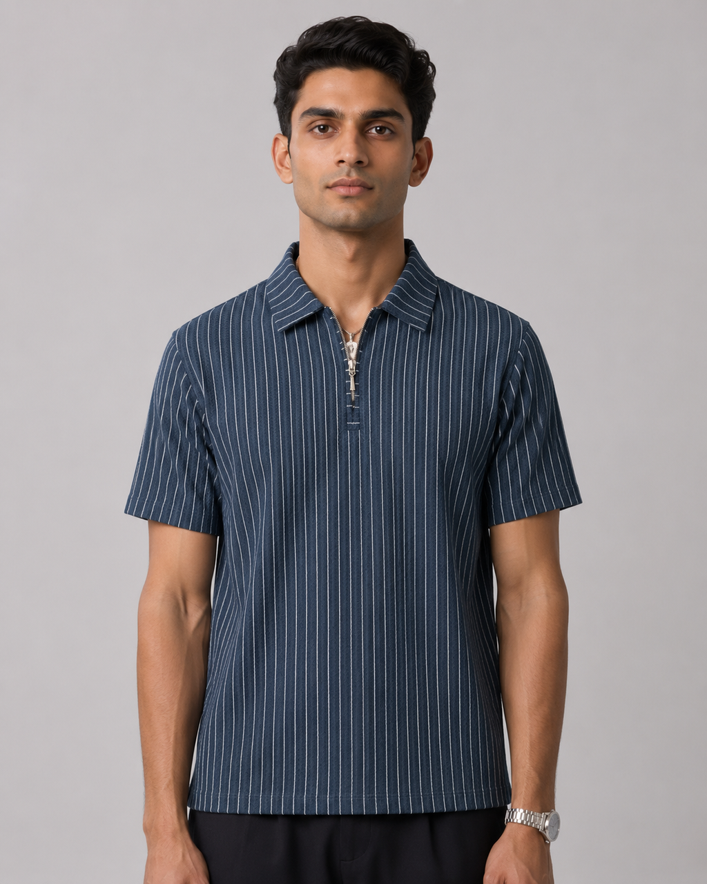 Seamless Pinstripe Zip-Neck Polo