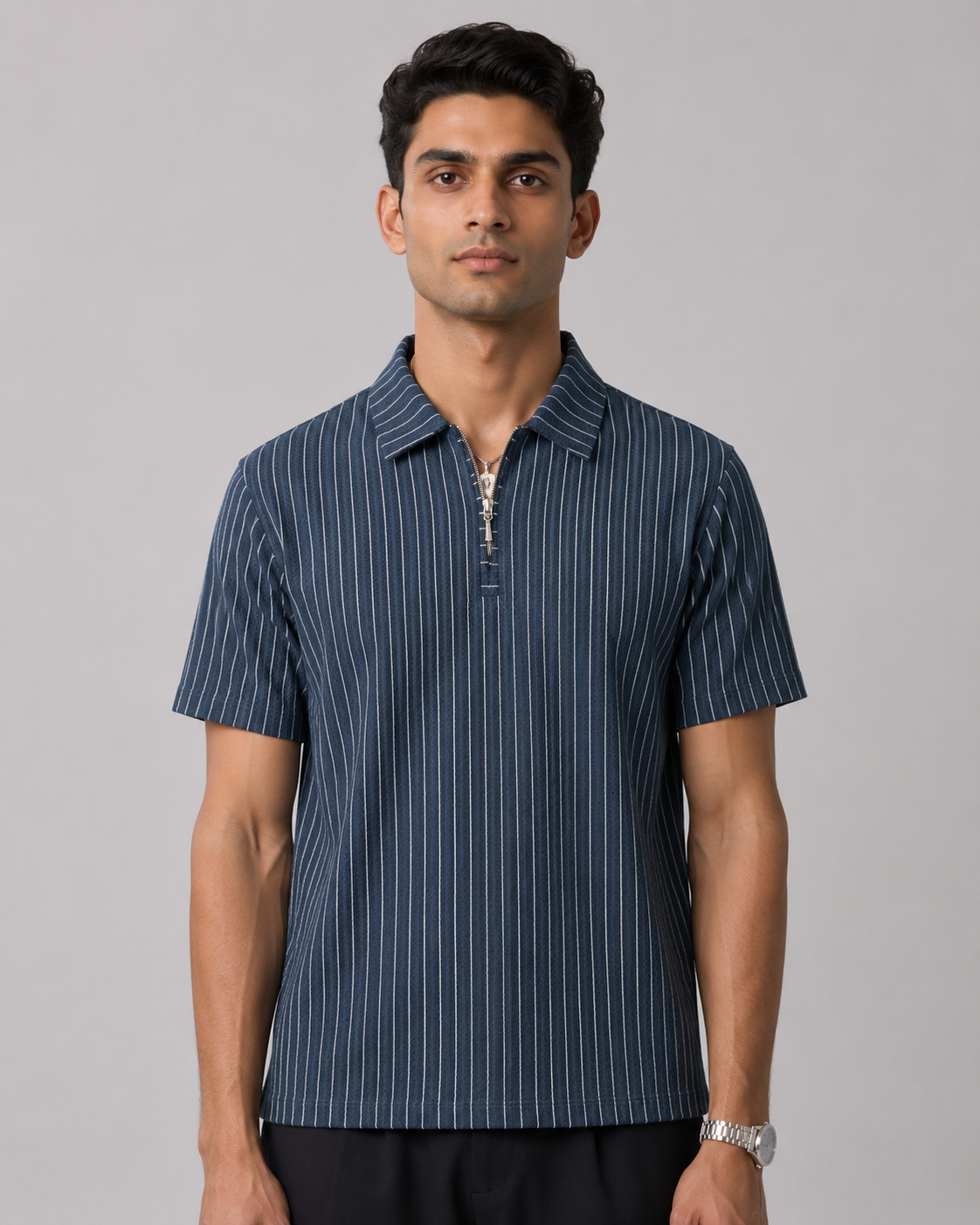 Seamless Pinstripe Zip-Neck Polo