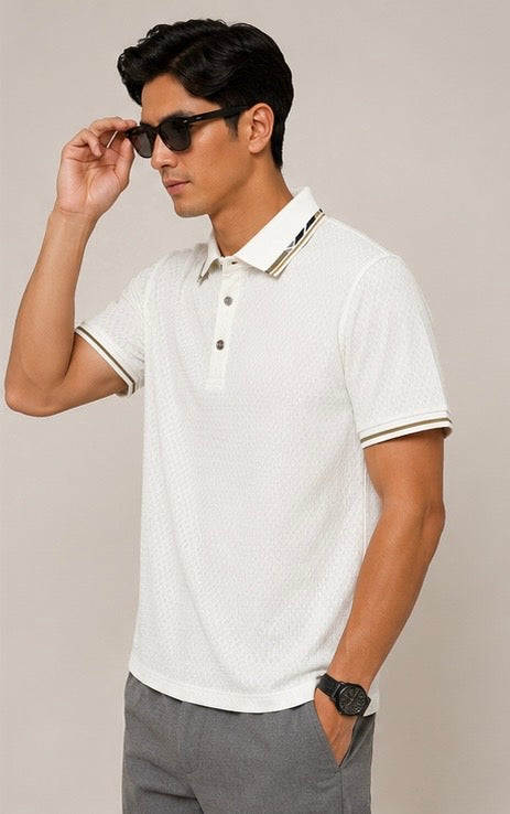 Seamless Nylon Luxe White Textured Polo