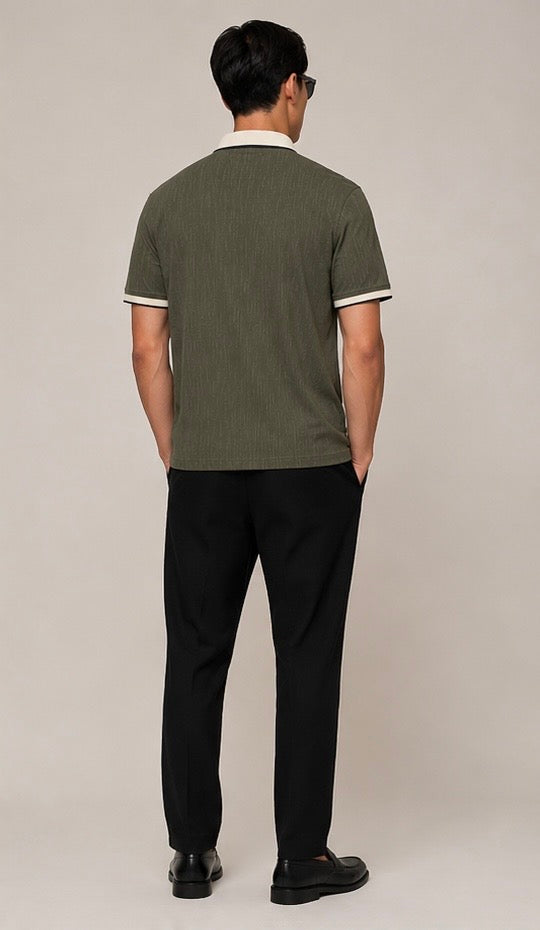Olive Contrast Collar with Placket Textured Polo