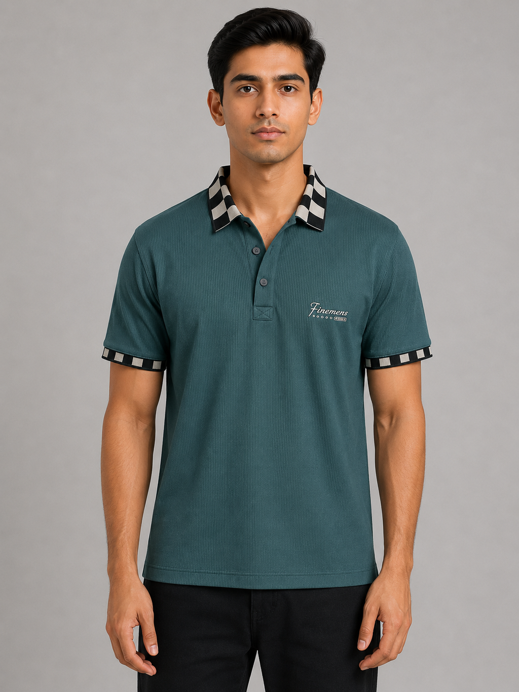 Checkerboard Collar Ribbed Polo