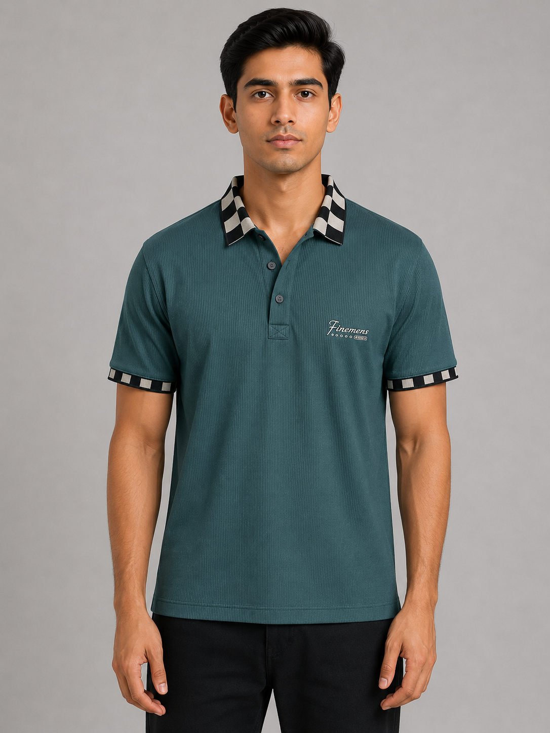 Checkerboard Collar Ribbed Polo