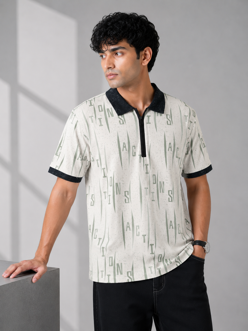 Contrast Textured AOP Zip-Polo