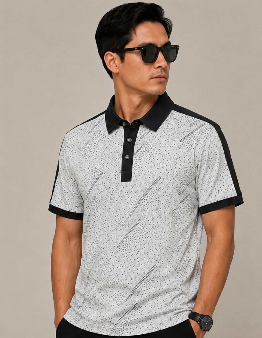 Textured Puff print Light Grey Contrast Polo
