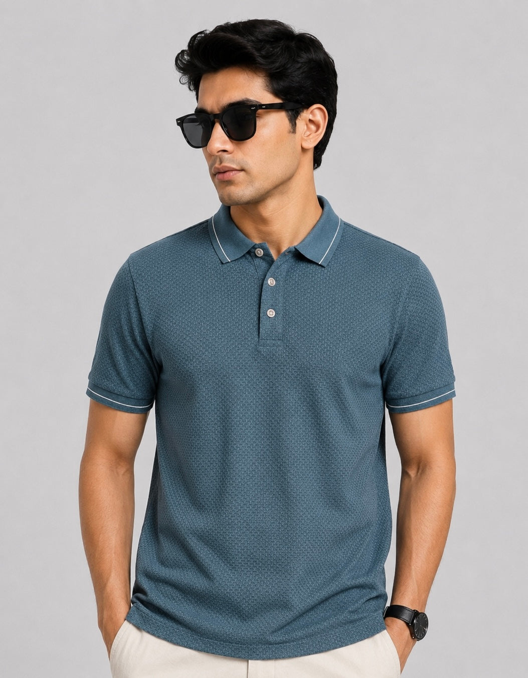Stitchless Nylon Self Textured Teal Polo