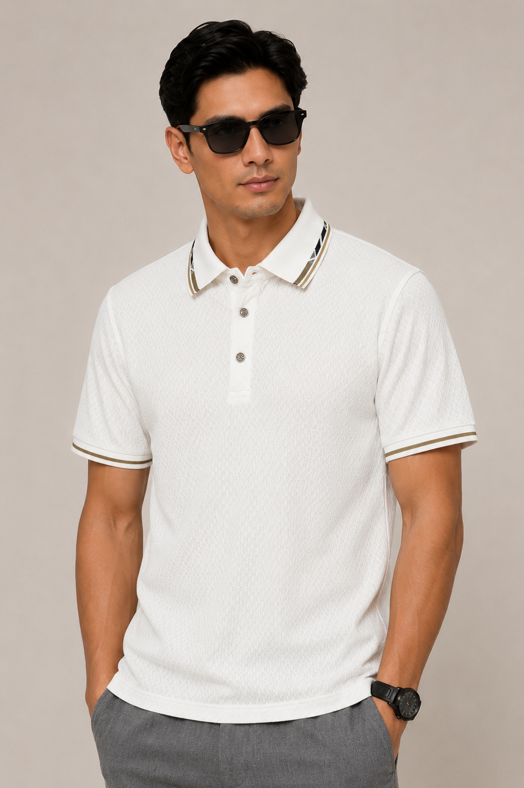 Seamless Nylon Luxe White Textured Polo