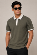 Olive Contrast Collar with Placket Textured Polo