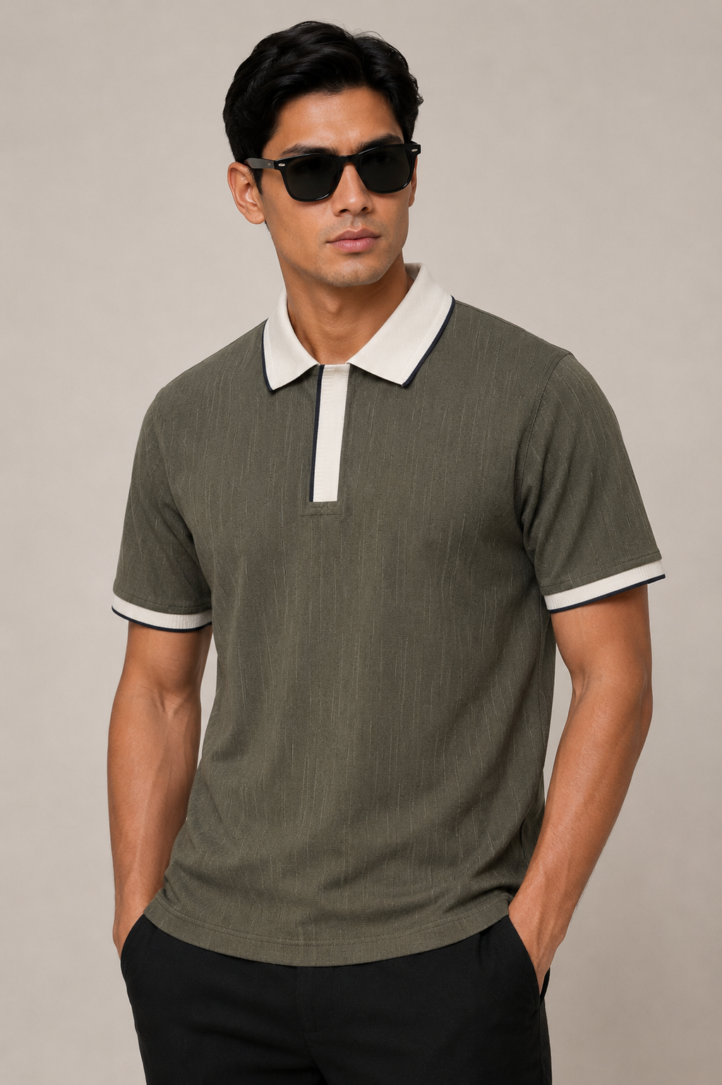Olive Contrast Collar with Placket Textured Polo
