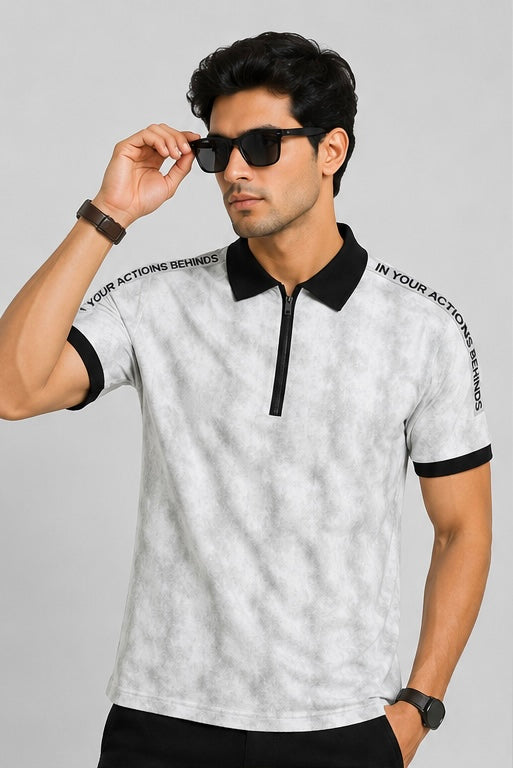 Contrast Textured AOP Zip Polo